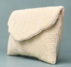 Ivory Scallop Elegance Beaded Clutch with Gold Chain Strap