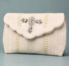 Royal Ivory Bloom Hand-Beaded Clutch with Embellished Flap and Chain Strap