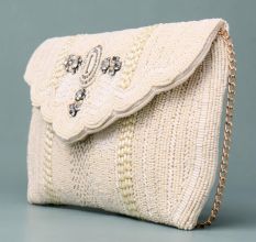 Royal Ivory Bloom Hand-Beaded Clutch with Embellished Flap and Chain Strap