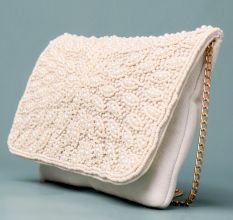 Ivory Radiance Hand-Beaded Clutch with Chain Strap