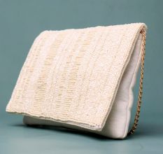 Ethereal Ivory Minimal Beaded Clutch with Chain Strap