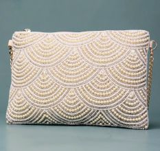 Ivory Cascade Pearl Embellished Clutch with Detachable Chain Strap