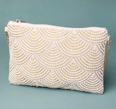 Ivory Cascade Pearl Embellished Clutch with Detachable Chain Strap