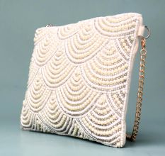 Ivory Cascade Pearl Embellished Clutch with Detachable Chain Strap
