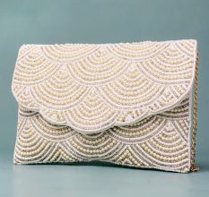 Ivory Gleam Scalloped Pearl Clutch with Elegant Chain Strap