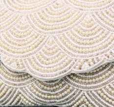 Ivory Gleam Scalloped Pearl Clutch with Elegant Chain Strap