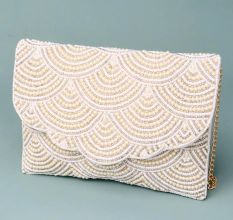 Ivory Gleam Scalloped Pearl Clutch with Elegant Chain Strap
