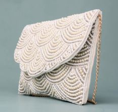Ivory Gleam Scalloped Pearl Clutch with Elegant Chain Strap