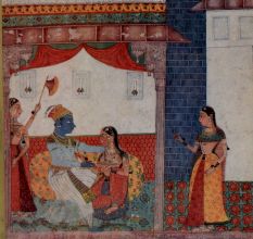 Samyoga Sringara Rajasthani Bundi School Krishna and Radha Framed Paper Print with Poem by Vidyapati