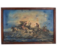Riders Driving Cattle Through Water Action Scene Oil Painting on Hardboard