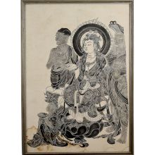 Charcoal Tibetan Art of Avalokiteshvara Bodhisattva with Attendant Figures