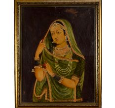 Traditional Indian Woman Portrait in Green Saree Canvas Oil Painting