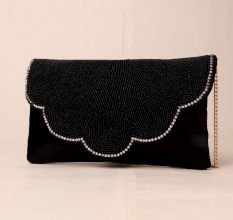 Midnight Allure Beaded Clutch with Rhinestone Trim and Chain Strap