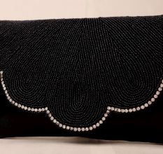 Midnight Allure Beaded Clutch with Rhinestone Trim and Chain Strap