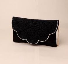 Midnight Allure Beaded Clutch with Rhinestone Trim and Chain Strap