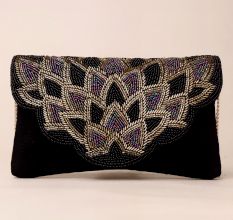 Handcrafted Black Beaded Clutch with Scallop Flap – Lotus-Inspired Party Sling Bag
