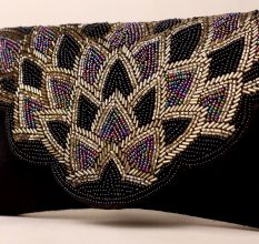Handcrafted Black Beaded Clutch with Scallop Flap – Lotus-Inspired Party Sling Bag