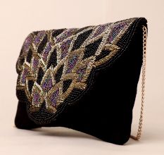 Handcrafted Black Beaded Clutch with Scallop Flap – Lotus-Inspired Party Sling Bag