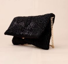Black Beaded Evening Clutch – Handcrafted Party Sling Bag with Chain Strap