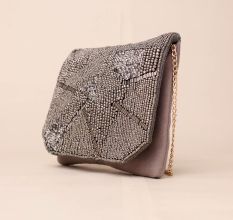 Grey Hand-Beaded Evening Clutch – Metallic Geometric Party Sling Bag
