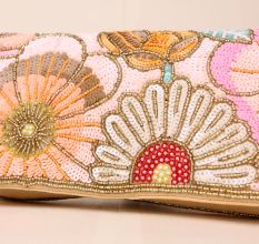 Pastel Beaded Floral Sling Bag – Hand-Embroidered Clutch with Chain Strap