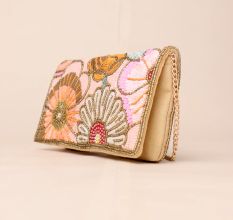 Pastel Beaded Floral Sling Bag – Hand-Embroidered Clutch with Chain Strap