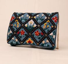 Hand-Embroidered Floral Sling Bag – Velvet Diamond Pattern Clutch with Chain Strap
