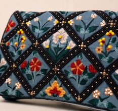 Hand-Embroidered Floral Sling Bag – Velvet Diamond Pattern Clutch with Chain Strap