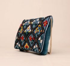 Hand-Embroidered Floral Sling Bag – Velvet Diamond Pattern Clutch with Chain Strap