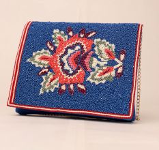 Blue Beaded Dragon Embroidered Sling Bag – Statement Clutch with Chain