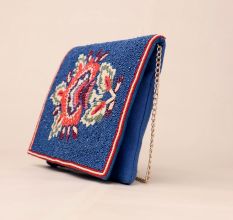 Blue Beaded Dragon Embroidered Sling Bag – Statement Clutch with Chain