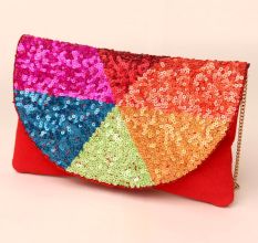 Rainbow Mosaic Hand-Sequined Sling Clutch in Red Base