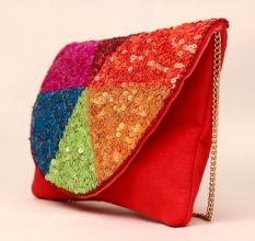 Rainbow Mosaic Hand-Sequined Sling Clutch in Red Base