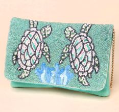 Aqua Haven Hand-Beaded Bird Motif Sling Clutch with Gold Chain Strap