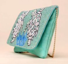 Aqua Haven Hand-Beaded Bird Motif Sling Clutch with Gold Chain Strap