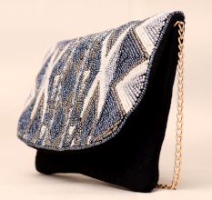 Midnight Mirage Beaded Sling Clutch with Gold Chain Strap