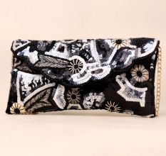 Noir Bloom Sequin Embroidered Sling Clutch with Gold Chain Strap