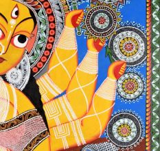 Kalighat Pattachitra Painting Cloth Artwork of Goddess Durga for Wall Decor