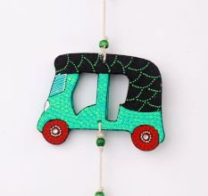 Handmade Wooden Auto-Rickshaw Wall Hanging for Home Decor - Green, Yellow