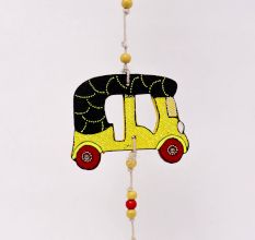 Handmade Wooden Auto-Rickshaw Wall Hanging for Home Decor - Green, Yellow