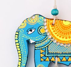 Handmade Wooden Elephant Wall Hanging for Home Decor - Blue, Red