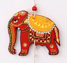 Handmade Wooden Elephant Wall Hanging for Home Decor - Blue, Red