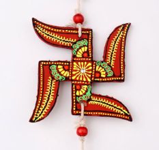 Handmade Wooden Kalash, Swastik, Ganesh Design Wall Hanging - Pink, Red