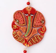 Handmade Wooden Kalash, Swastik, Ganesh Design Wall Hanging - Pink, Red