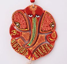 Handmade Wooden Kalash, Swastik, Ganesh Design Wall Hanging - Pink, Red