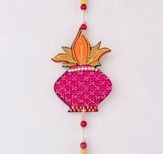 Handmade Wooden Kalash, Swastik, Ganesh Design Wall Hanging - Pink, Red