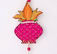 Handmade Wooden Kalash, Swastik, Ganesh Design Wall Hanging - Pink, Red