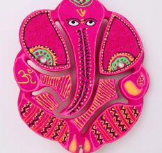 Handmade Wooden Kalash, Swastik, Ganesh Design Wall Hanging - Pink, Red
