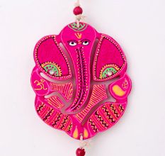 Handmade Wooden Kalash, Swastik, Ganesh Design Wall Hanging - Pink, Red