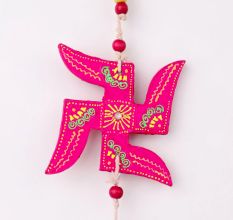 Handmade Wooden Kalash, Swastik, Ganesh Design Wall Hanging - Pink, Red